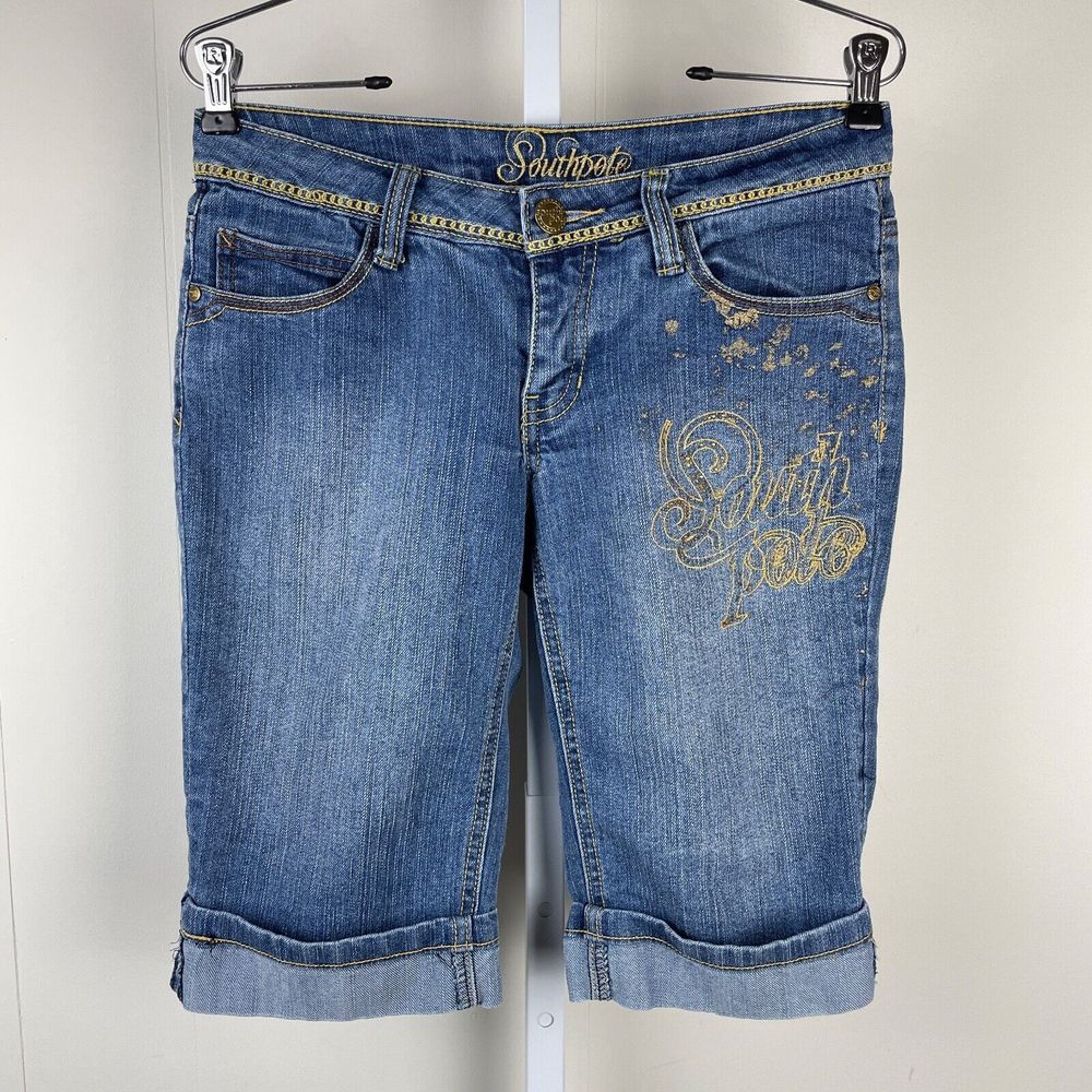 Southpole Denim Jean Shorts Gold Logo Flap Pockets Juniors Size 5 Vintage Y2K